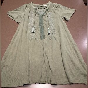 VINTAGE Lucky Brand Olive Green Embroidered Tasseled Bohemian Dress Sz: S